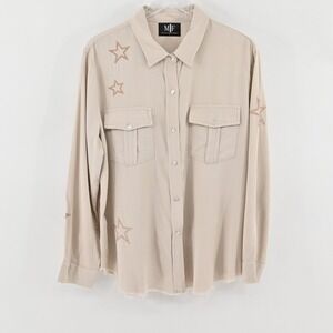 Moving Forward Designs Star Shirt Womens Size L Tan Embroidered Button Boho Chic